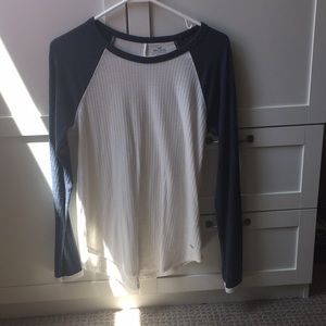 White with blue long sleeve shirt